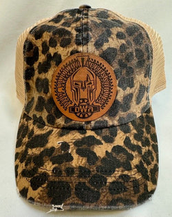 LEOPARD PRINT BASEBALL CAP WITH MESH BACK AND LEATHER DIRT WARRIOR PATCH